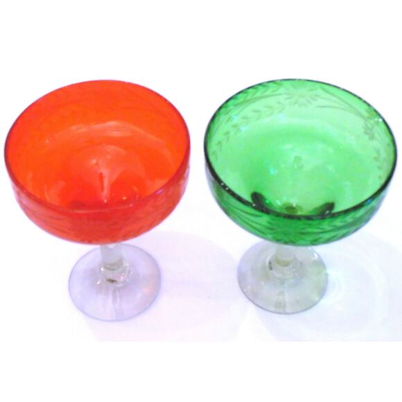 Hand Blown Margarita Glasses Set 2 Artisan Etched Green Red Holiday Stem Glass - Picture 4 of 6